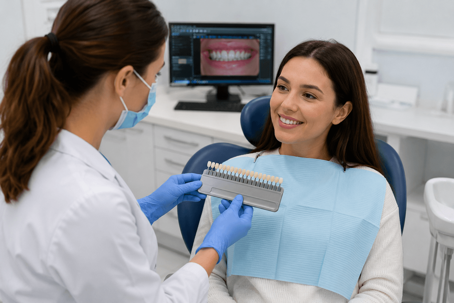 Teeth Whitening treatment overview showing clinical assessment and shade recording